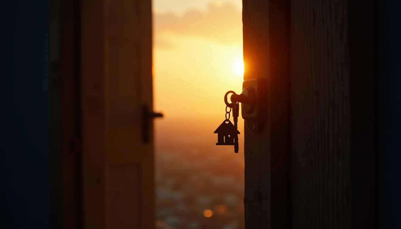Puerta abriéndose hacia el amanecer con llavero de casita